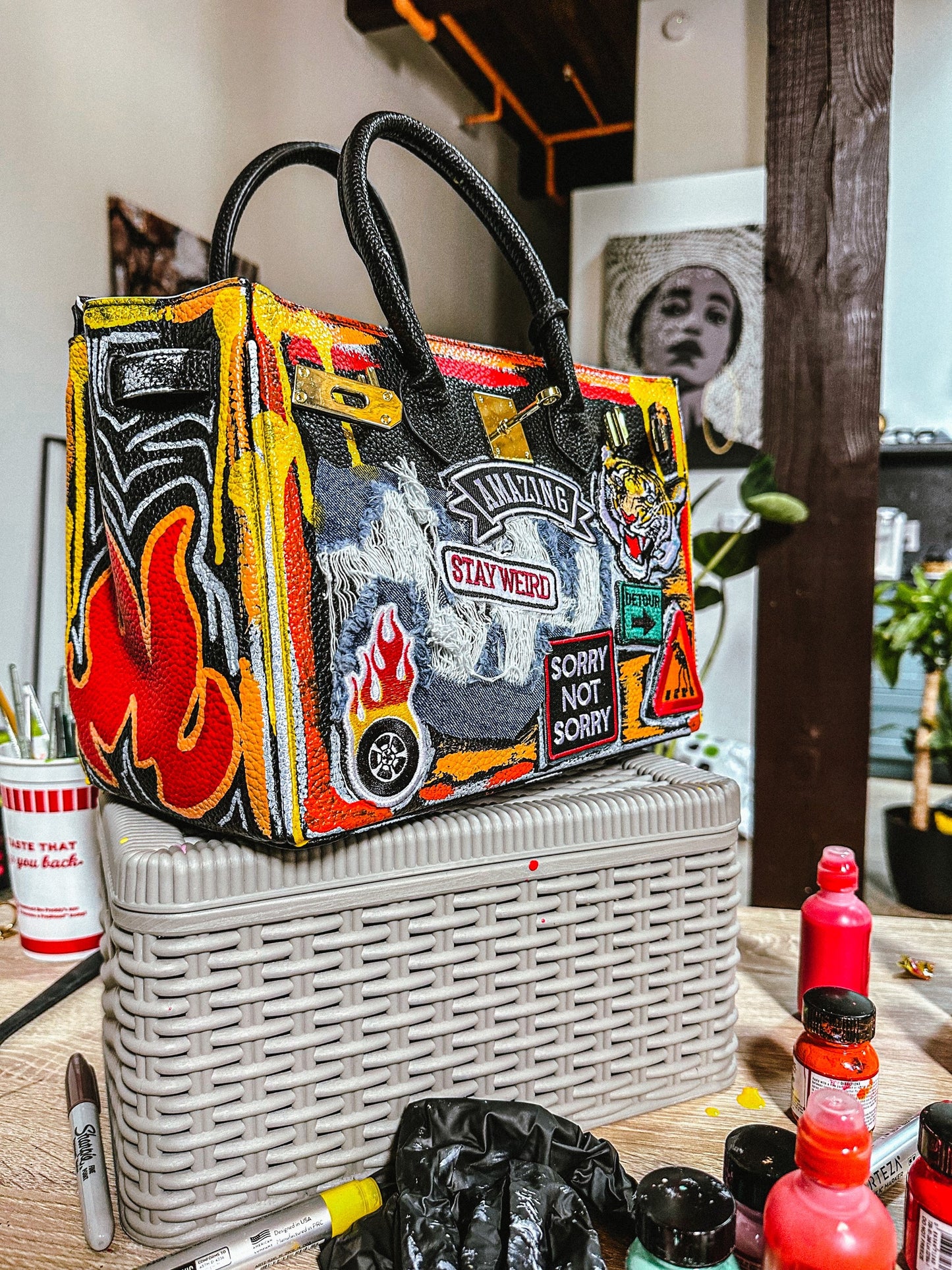 Distressed Painted Tote - Flame Thrower image 0